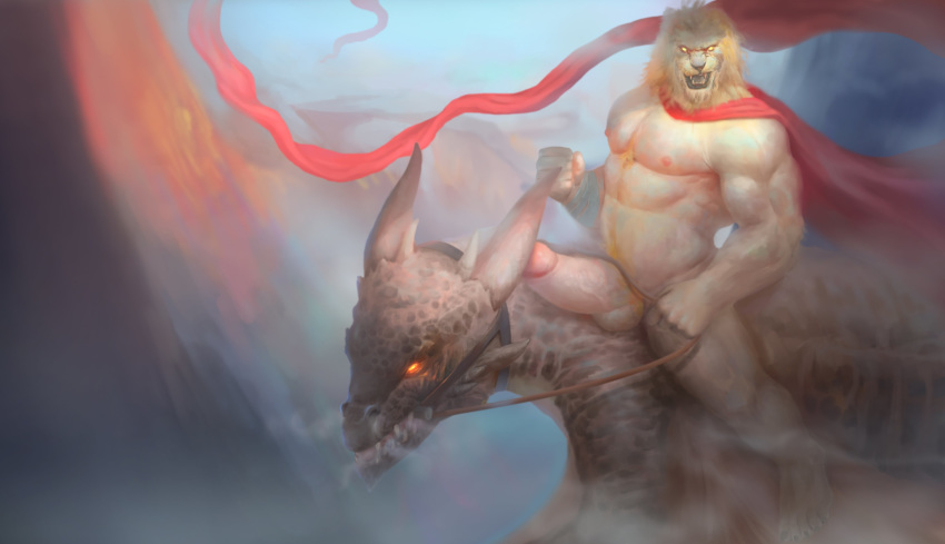 absurd_res anthro balls belly_hair blonde_hair body_hair chest_hair dragon dragon_rider duo erection felid genitals glowing glowing_eyes hair hi_res horn humanoid_penis lion male mammal mane muscular nipples pantherine penis pubes scalie solo yinhu885