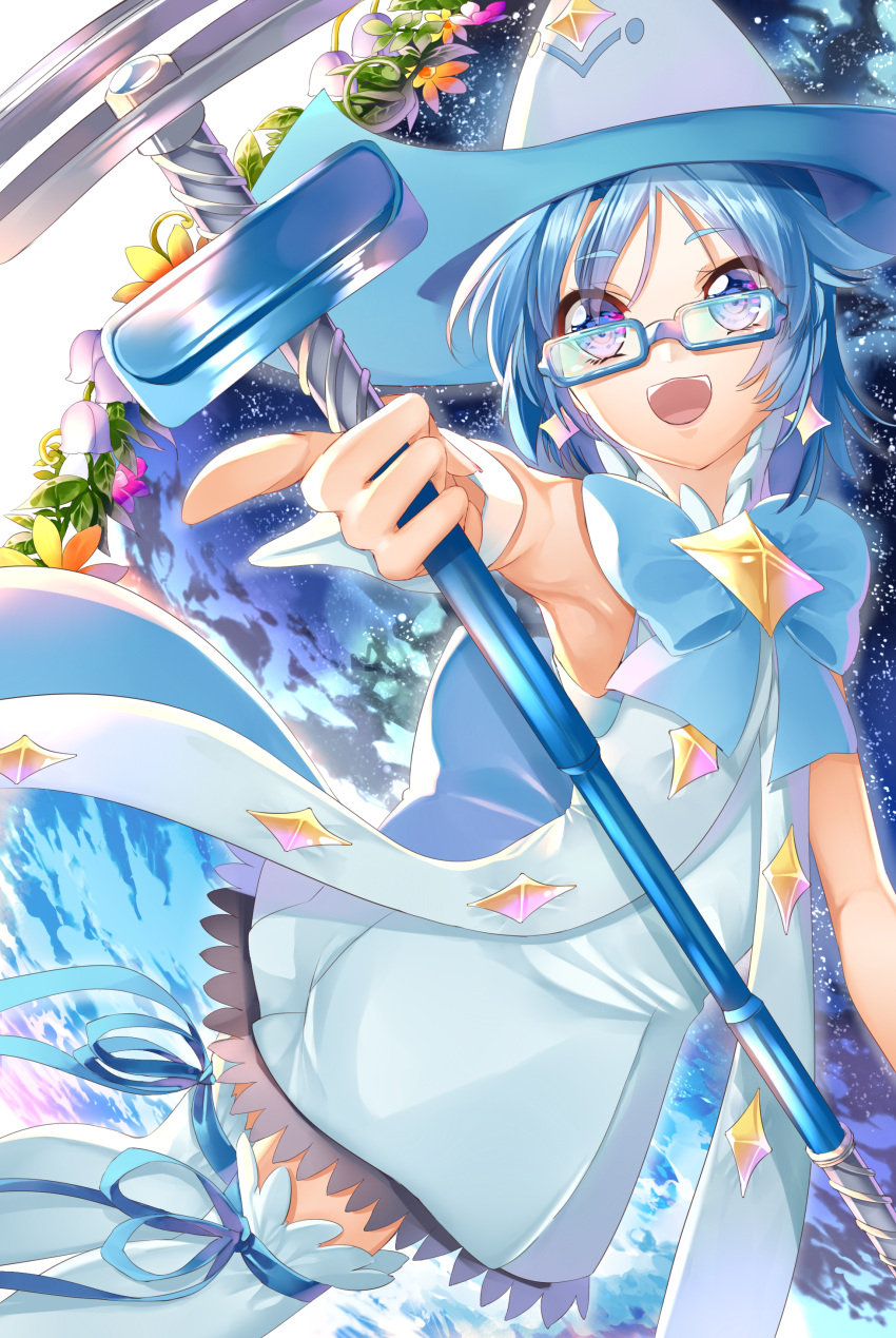1girl :d absurdres armpits bangs blue-framed_eyewear blue_dress blue_eyes blue_hair blue_legwear blue_neckwear blue_ribbon dress earrings eyebrows_visible_through_hair glasses hair_between_eyes highres holding holding_staff houkago_no_pleiades index_finger_raised jewelry open_mouth outstretched_arm parted_bangs rectangular_eyewear ribbon shiny shiny_hair short_dress short_hair sleeveless sleeveless_dress smile solo staff thighhighs wrist_cuffs yuutarou_(fukiiincho)