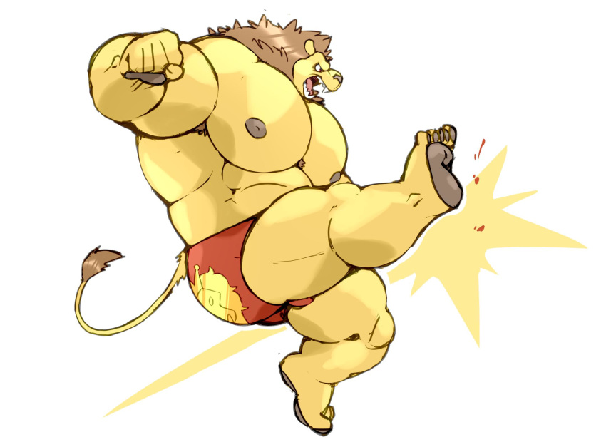 2019 5_fingers 5_toes anthro armpit_hair big_muscles black_nipples black_nose body_hair briefs brown_hair clothed clothing duke_(megawaffle) felid fingers fur hair hi_res huge_muscles lion male mammal megawaffle_(artist) muscular muscular_male nipples open_mouth pantherine pawpads pecs plantigrade purple_eyes quads simple_background solo toes topless underwear underwear_only white_background wrestler yellow_body yellow_fur