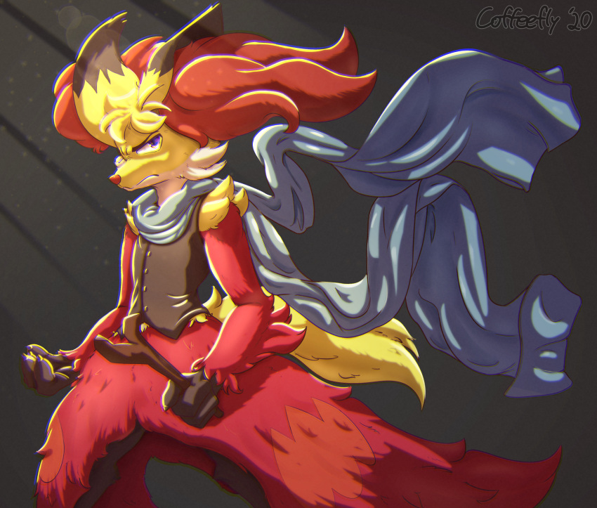 cafe_(character) chromatic_aberration clothing coffeefly delphox fan_character hi_res nintendo pok&eacute;mon pok&eacute;mon_(species) purple_eyes scarf solo stick topwear vest video_games