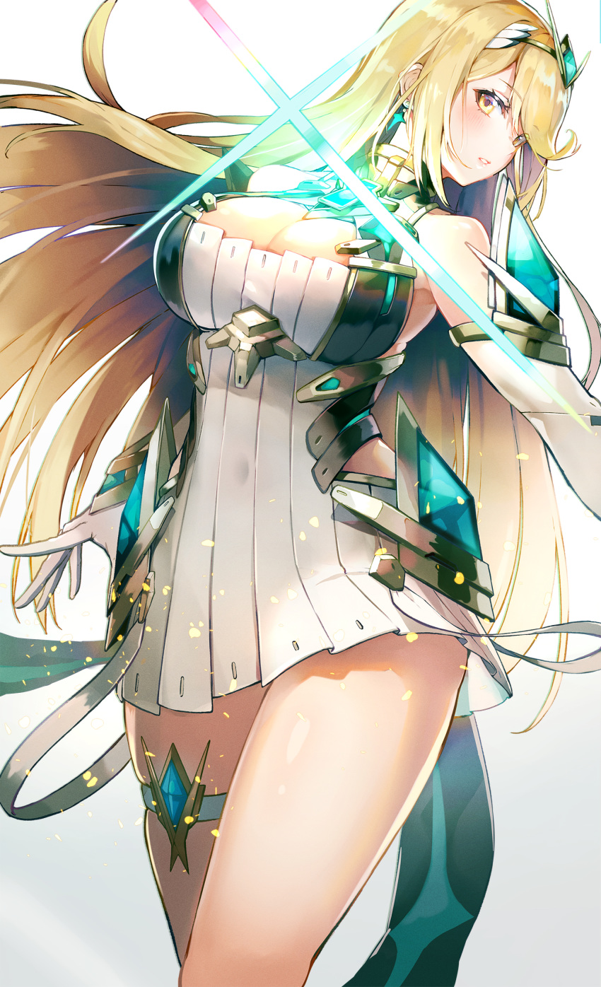 1girl absurdres bangs bare_shoulders blonde_hair blush breasts chest_jewel cleavage cleavage_cutout dress earrings elbow_gloves evers gem gloves headpiece highres hikari_(xenoblade_2) jewelry large_breasts long_hair shoulder_armor solo swept_bangs thigh_strap tiara xenoblade_(series) xenoblade_2 yellow_eyes