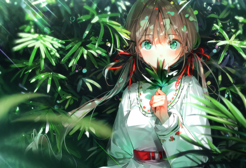 brown_hair dress dsmile green_eyes leaves long_hair original ribbons scan twintails