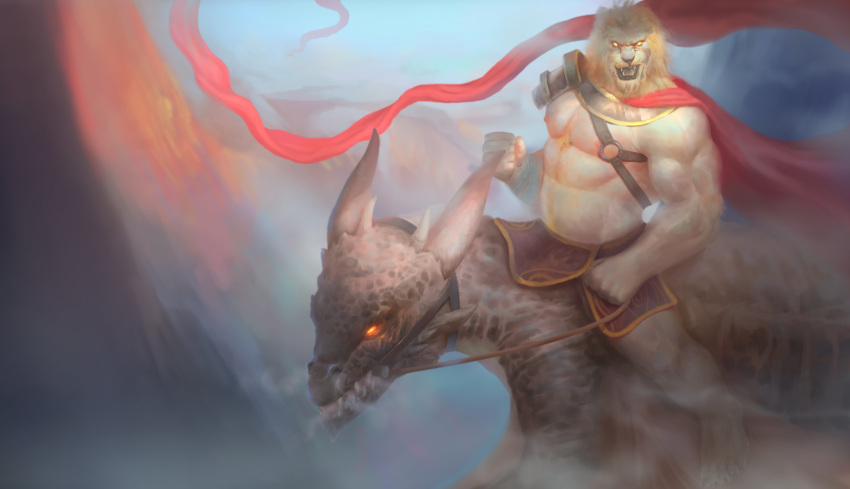 absurd_res anthro blonde_hair dragon dragon_rider duo felid glowing glowing_eyes hair hi_res lion male mammal mane muscular nipples pantherine scalie solo yinhu885