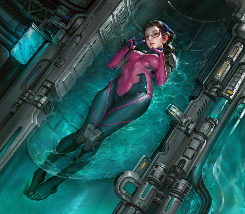 1girl bodysuit brown_hair covered_navel glasses green_eyes hairband highres jiayuan_song looking_at_viewer makinami_mari_illustrious neon_genesis_evangelion parted_lips partially_submerged plugsuit rebuild_of_evangelion semi-rimless_eyewear solo technology toes v water wire