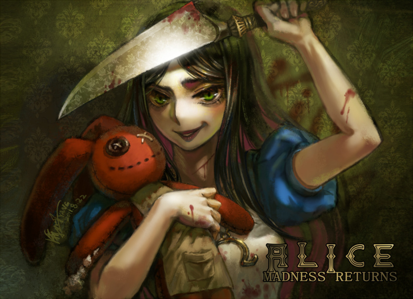 1girl alice:_madness_returns alice_(wonderland) american_mcgee's_alice black_hair blood breasts dress green_eyes jupiter_symbol knife long_hair looking_at_viewer open_mouth smile solo stuffed_animal stuffed_toy weapon yang_niangniang