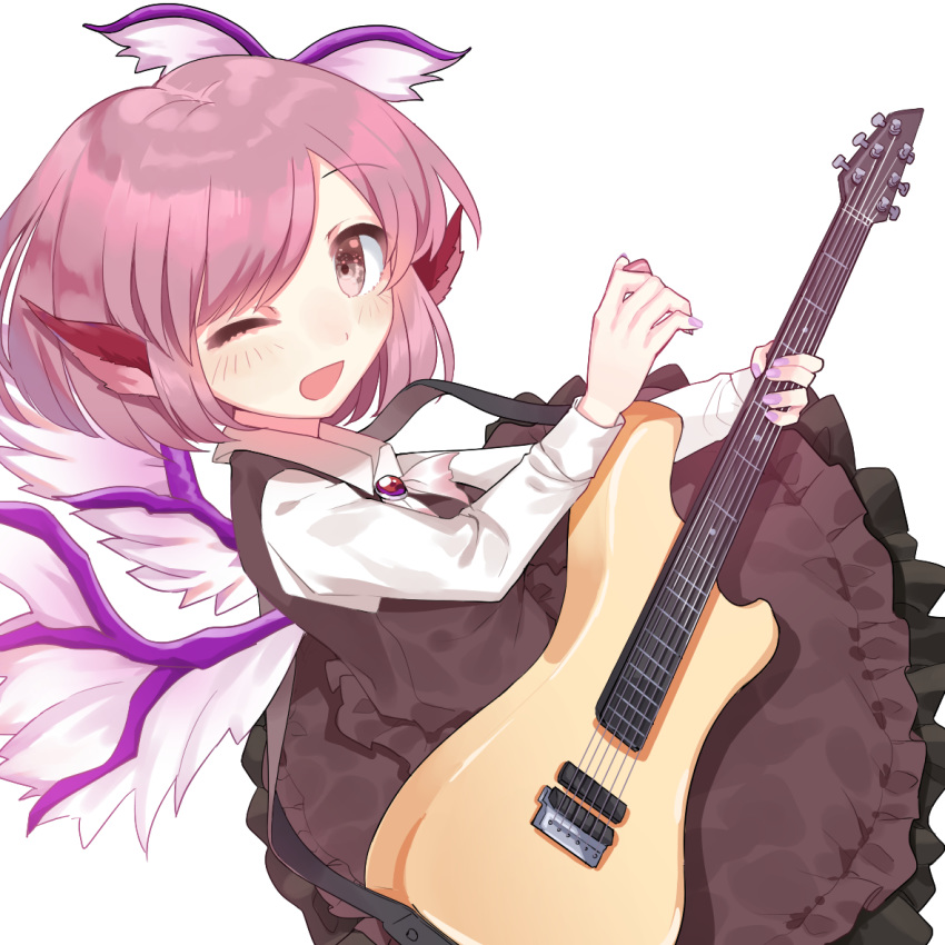 1girl arms_up bangs bird_wings brooch brown_skirt brown_vest commentary_request electric_guitar eyebrows_visible_through_hair feathered_wings fingernails from_above from_side guitar hair_ornament instrument jewelry kanta_(pixiv9296614) lavender_nails layered_skirt leaning_back long_sleeves looking_at_viewer mystia_lorelei nail_polish one_eye_closed pink_eyes pink_hair plectrum shirt short_hair simple_background skirt solo swept_bangs touhou vest white_background white_shirt winged_hair_ornament wings