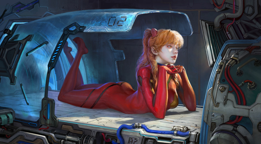 1girl ass bodysuit brown_eyes hands_together highres jiayuan_song legs_up looking_to_the_side lying neon_genesis_evangelion on_stomach orange_hair parted_lips plugsuit solo souryuu_asuka_langley technology wire
