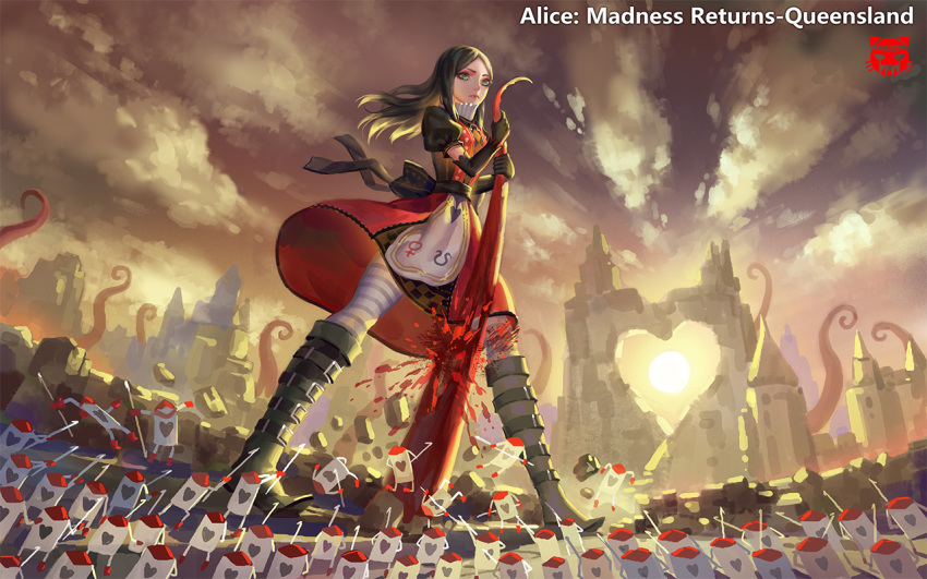 1girl alice:_madness_returns alice_(wonderland) alice_in_wonderland american_mcgee's_alice apron black_hair blood breasts card_knights closed_mouth cloud commentary dress green_eyes heart jupiter_symbol lolita_fashion long_hair pantyhose shui_qian_he_kafei solo striped