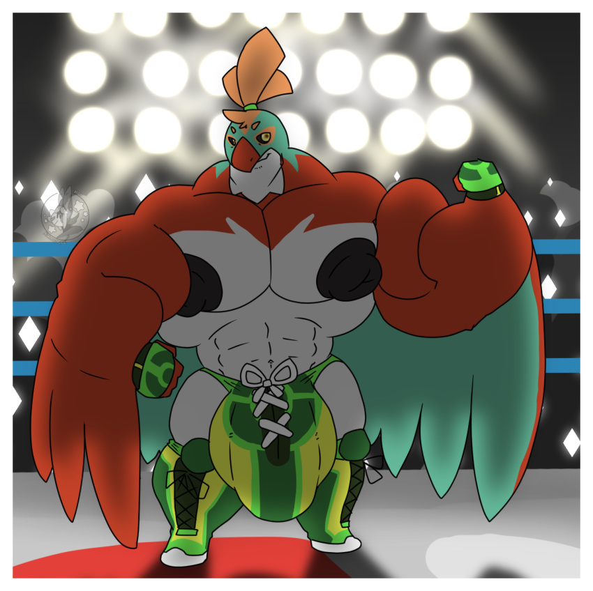 anthro balls beard big_balls big_muscles big_penis bulge clothing facial_hair fighting_ring fingerless_gloves fist flexing footwear genitals gloves hair handwear hawlucha hi_res huge_balls huge_muscles huge_penis hyper hyper_balls hyper_bulge hyper_genitalia hyper_muscles hyper_penis kokoro-doll looking_at_viewer male muscular nintendo nipples papilucha penis pok&eacute;mon pok&eacute;mon_(species) ponytail shoes smile solo video_games wings yellow_eyes