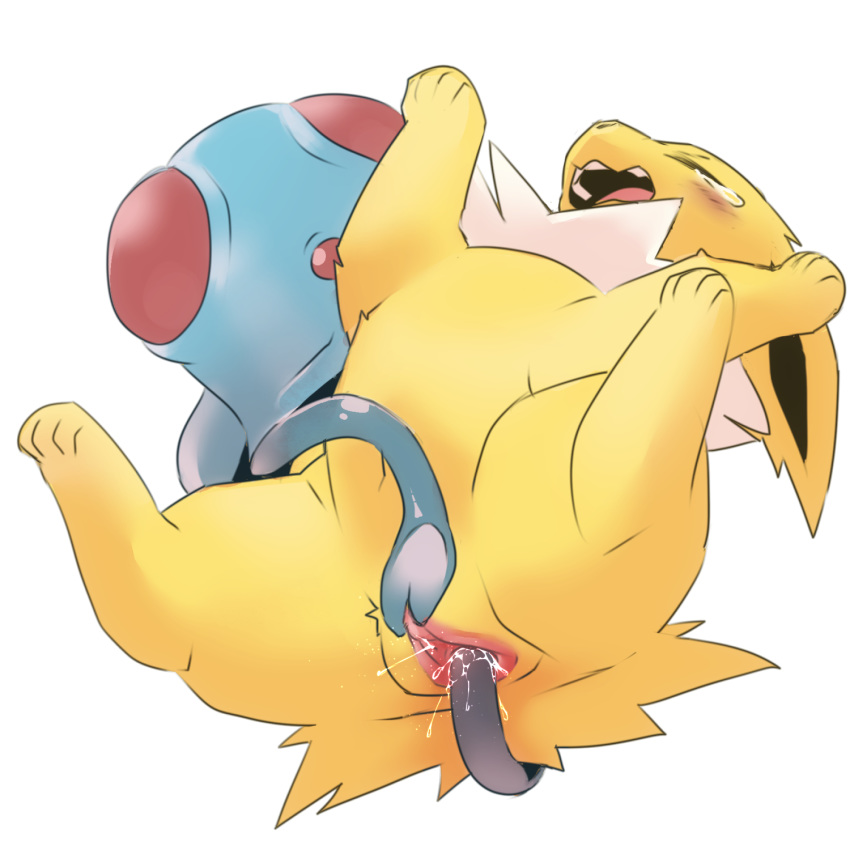 1:1 4_toes ambiguous_gender blue_body blue_skin blush bodily_fluids chest_tuft clitoral clitoris ears_back eeveelution ejaculation eyes_closed female female/ambiguous feral fur genital_fluids genitals hi_res jolteon long_ears nintendo open_mouth orgasm penetration pivoted_ears pok&eacute;mon pok&eacute;mon_(species) pu_sukebe pussy pussy_ejaculation pussy_juice snout spread_legs spreading tears teeth tentacles tentacool toes tongue tuft vaginal vaginal_penetration video_games yellow_body yellow_fur