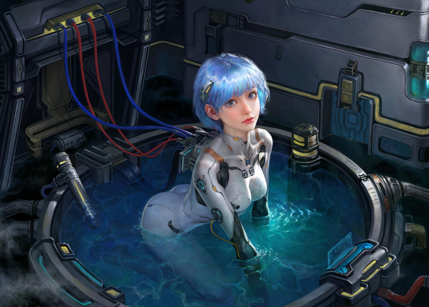 1girl all_fours ass ayanami_rei blue_hair bodysuit breasts highres jiayuan_song looking_at_viewer neon_genesis_evangelion partially_submerged plugsuit short_hair solo technology water wire