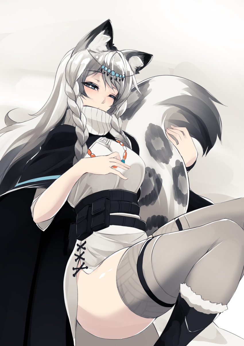 1girl animal_ears animal_print arknights belt black_footwear blue_eyes boots braid closed_eyes commentary fur-trimmed_boots fur_trim grey_background grey_hair grey_legwear half-closed_eye highres jewelry knee_boots leopard_ears leopard_print leopard_tail long_hair looking_at_viewer necklace pramanix_(arknights) simple_background solo sub-res tail thighhighs twin_braids utility_belt