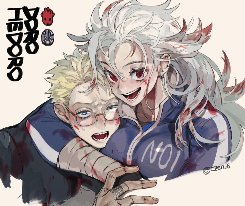 1boy 1girl bandages blonde_hair blood blood_on_face bloody_bandages bloody_clothes bloody_hair blue_eyes collarbone czen dorohedoro earrings glasses hair_between_eyes highres hug injury jewelry noi_(dorohedoro) open_mouth red_eyes sharp_teeth shin_(dorohedoro) silver_hair smile stitches sweat teeth tongue twitter_username white_hair