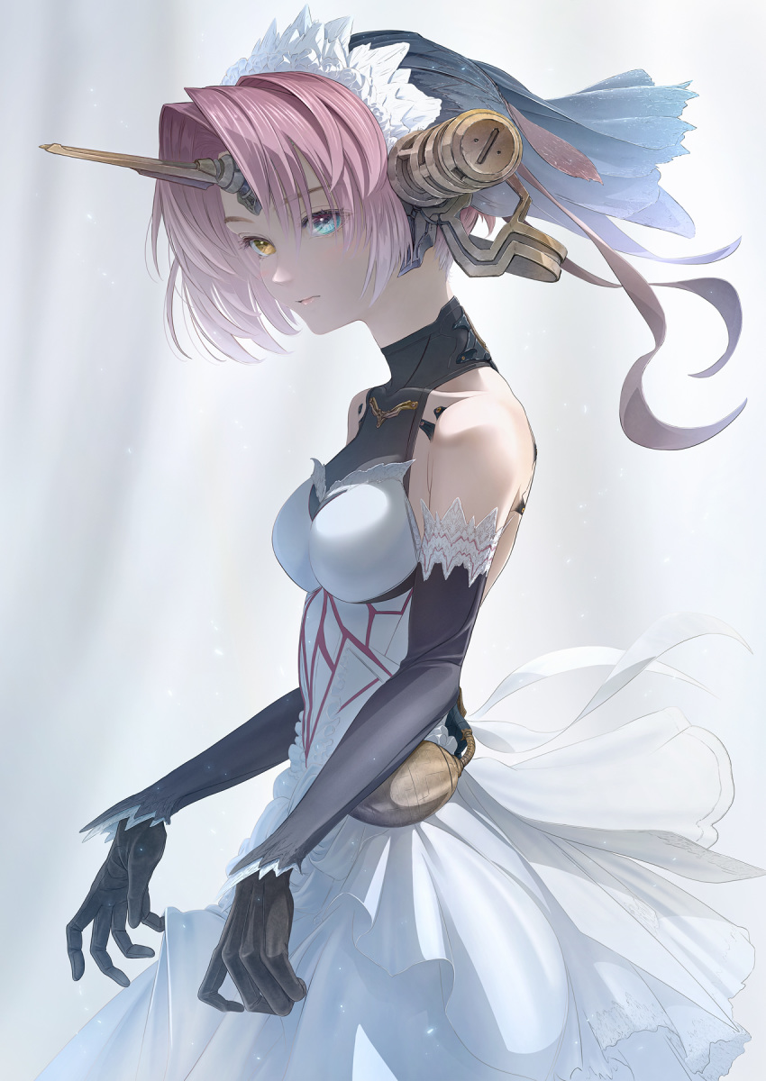 1girl backlighting black_gloves blue_eyes bolt breasts curtsey cyborg detached_sleeves dress fate/apocrypha fate_(series) frankenstein's_monster_(fate) gloves hair_over_eyes halterneck headgear heterochromia highres horn imizu_(nitro_unknown) impossible_clothes impossible_dress maid_headdress medium_breasts pink_hair short_hair solo veil white_dress yellow_eyes