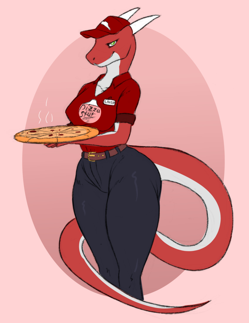 anthro breasts clothing costume dragon english_text female food headgear headwear hi_res humor jakethegoat legwear lindy name_tag pizza scalie smile smug solo text thick_thighs uniform