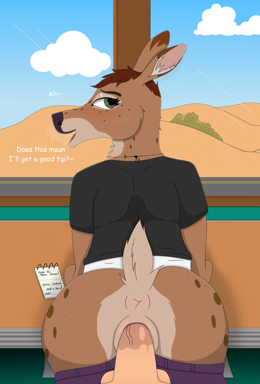 2020 absurd_res anthro anus apron bent_over bojack_horseman bottomwear brown_body brown_fur brown_hair cervid cervine clothed clothing cloud desert dialogue domination english_text female firetails first_person_view freckles from_behind_position fur genitals glass green_eyes grey_clothing grey_shirt grey_topwear hair hi_res human human_on_anthro interspecies jewelry looking_at_viewer looking_back male male/female male_domination male_penetrating male_pov mammal necklace netflix notebook pants pants_down partially_clothed penetration penny_carson pleasured purple_bottomwear purple_clothing purple_pants pussy rear_view reflection sex shadow shirt smile spots submissive submissive_female text tip topwear vaginal vaginal_penetration waiter wetness window