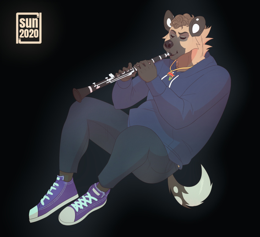 2020 absurd_res african_wild_dog anthro barazoku black_nose bottomwear brown_body brown_fur canid canine clarinet clothed clothing darius_davis digital_media_(artwork) eyes_closed frohawk fur hair hi_res hoodie jeans jewelry male mammal multicolored_body multicolored_fur musical_instrument necklace pants short_hair slightly_chubby sneakers solo sunelchikito topwear wind_instrument woodwind_instrument