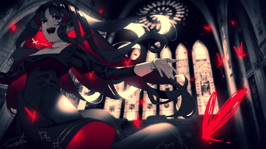 1girl bangs black_dress black_eyes black_hair bug butterfly cathedral dress highres insect jewelry long_hair necklace nun open_mouth original puffy_sleeves rosary satellite12 white_wrist_cuffs window