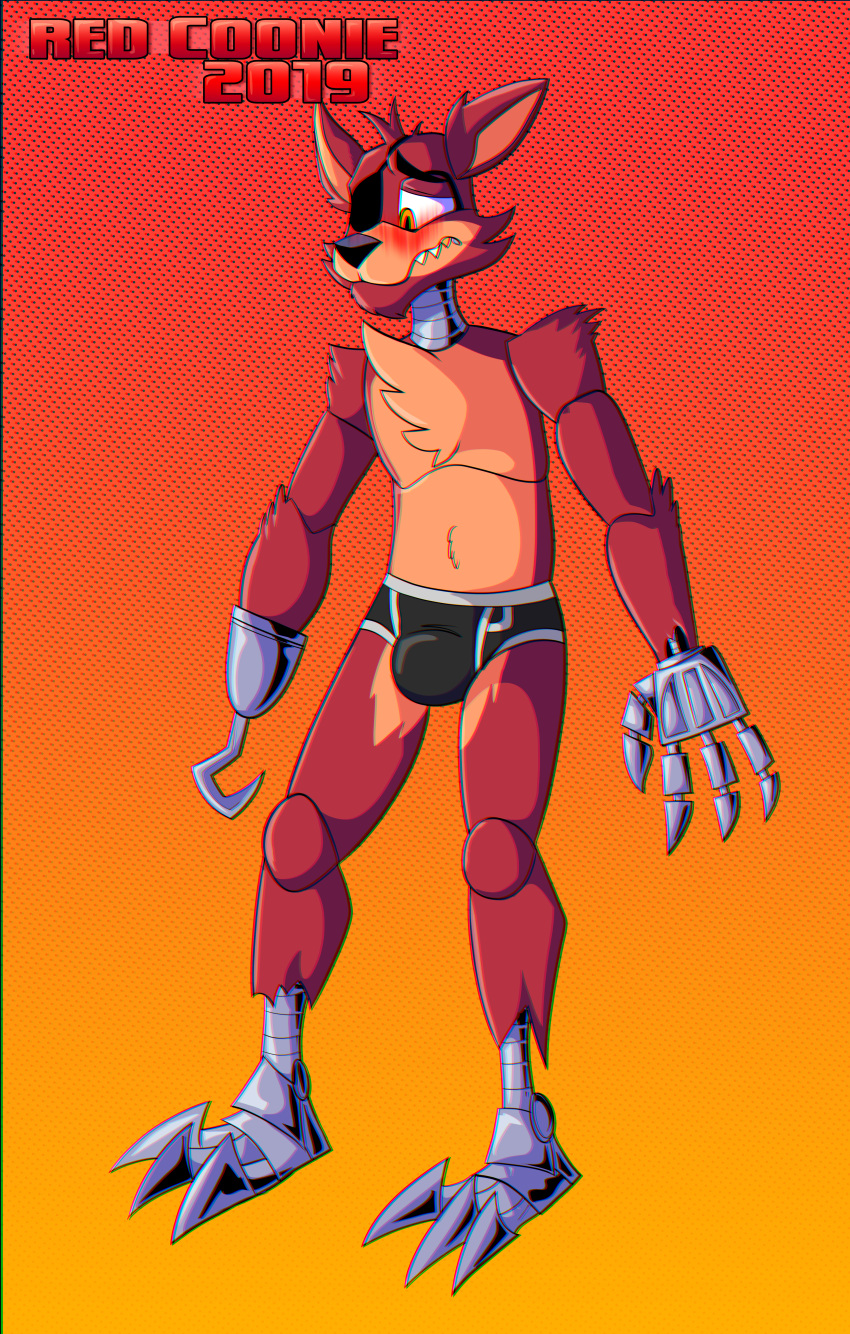 3_toes absurd_res animatronic anthro barefoot biped blush bottomwear canid canine clothing cybernetics digital_drawing_(artwork) digital_media_(artwork) fingers five_nights_at_freddy's fox foxy_(fnaf) fur genitals hi_res machine male mammal redcoonie robot simple_background solo standing toes tuft underwear video_games