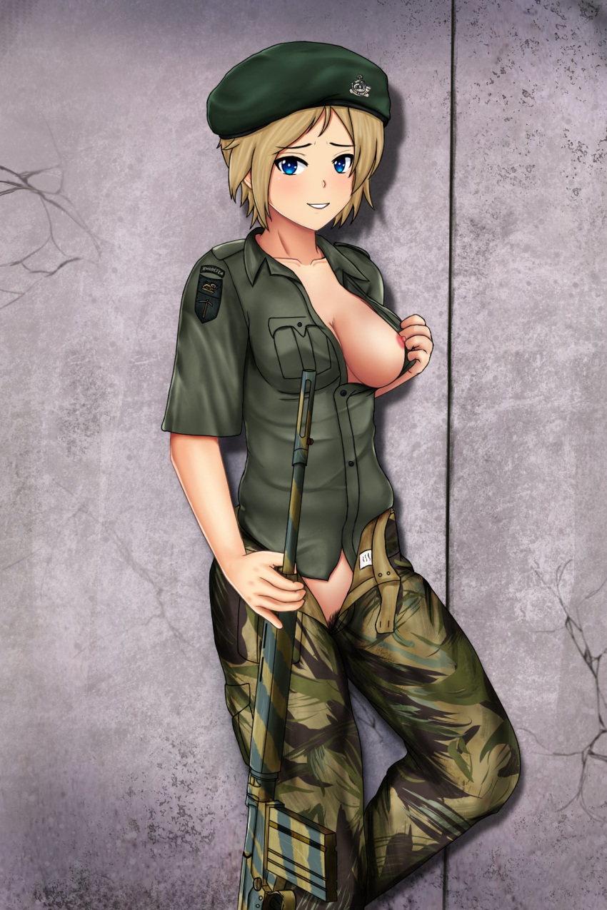 1girl battle_rifle beret blonde_hair blush breast_pocket breasts camouflage camouflage_pants cracked_wall eyebrows_visible_through_hair fn_fal gun hat highres itsaraofgod looking_at_viewer medium_breasts one_breast_out open_pants original pants pocket pubic_hair rifle self_exposure short_hair short_shorts shorts smile solo weapon