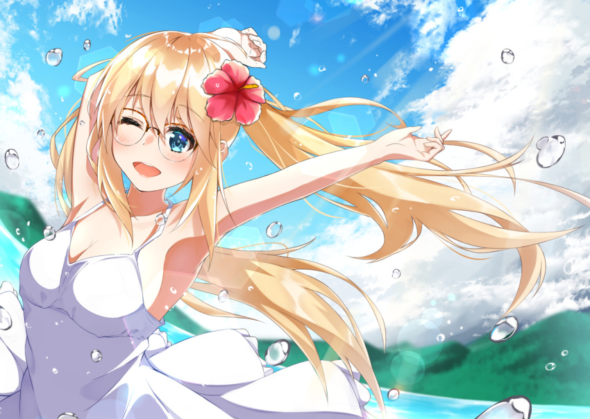 1girl ;d akitsuki_hiroya arms_up blonde_hair breasts cleavage cloud dress droplets flower glasses hair_flower hair_ornament hibiscus lens_flare long_hair medium_breasts one_eye_closed open_mouth original outdoors smile solo standing water white_dress