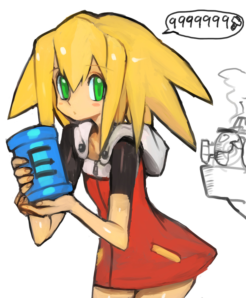 1girl absurdres blonde_hair commentary_request cosplay dakusuta dress green_eyes highres long_hair looking_at_viewer red_dress rockman rockman_11 rockman_dash roll roll_caskett simple_background solo white_background