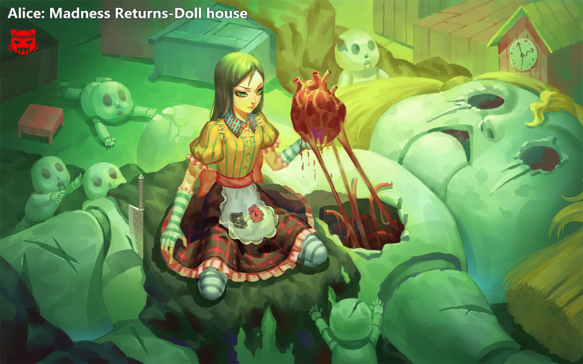 1girl alice:_madness_returns alice_in_wonderland american_mcgee's_alice apron black_hair blood breasts closed_mouth dress green_eyes heart knife long_hair looking_at_viewer pantyhose shui_qian_he_kafei solo striped striped_legwear