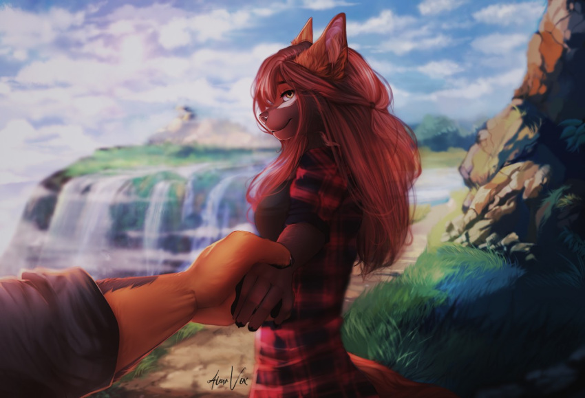 2020 alenkavoxis anthro brown_hair canid canine canis clothed clothing day detailed_background digital_media_(artwork) domestic_dog eyebrows eyelashes female grass hair mammal mustelid musteline outside sky smile waterfall wolverine