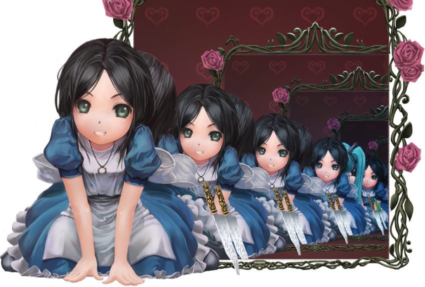 2girls alice:_madness_returns alice_(wonderland) alice_in_wonderland alice_liddell all_fours american_mcgee's_alice apron bangs blue_hair child commentary_request crossover dress flower frilled_dress frills green_eyes grin hairband hatsune_miku jewelry kome_(okome-smile) long_hair looking_at_viewer mirror multiple_girls necklace open_mouth parted_bangs pink_flower pink_rose plant profile reflection rose short_sleeves smile teeth vines