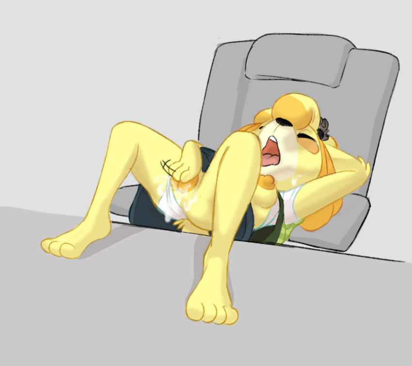 2020 animal_crossing anthro bodily_fluids canid canine canis chair clothing clothing_aside domestic_dog eyes_closed female fur furniture genital_fluids isabelle_(animal_crossing) mammal masturbation nintendo open_mouth panties panties_aside pussy_juice shih_tzu solo toy_dog trashtikko underwear underwear_aside vaginal vaginal_masturbation video_games yellow_body yellow_fur