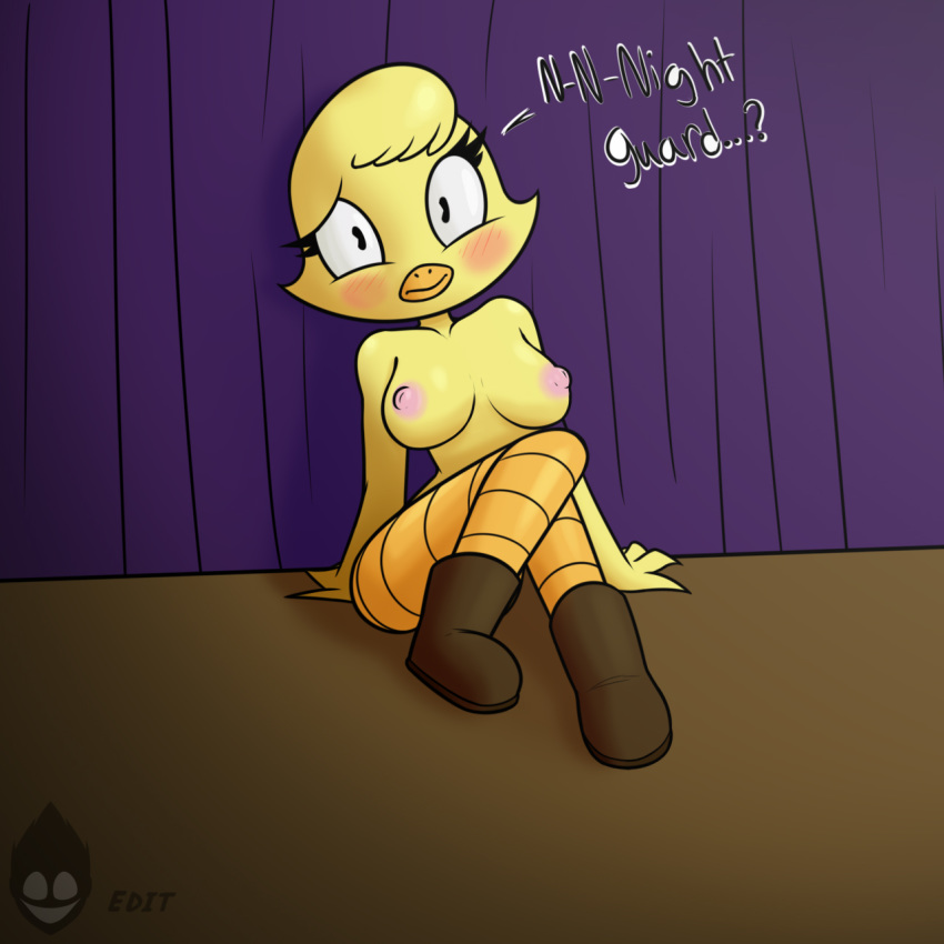 1:1 animal_humanoid animatronic anthro avian bird blush boots breasts chica_(fnaf) chicken clothing female fenix31_(artist) five_nights_at_freddy's footwear galliform gallus_(genus) goat-kun hi_res humanoid imminent_rape machine nipples non-mammal_breasts phasianid robot solo video_games