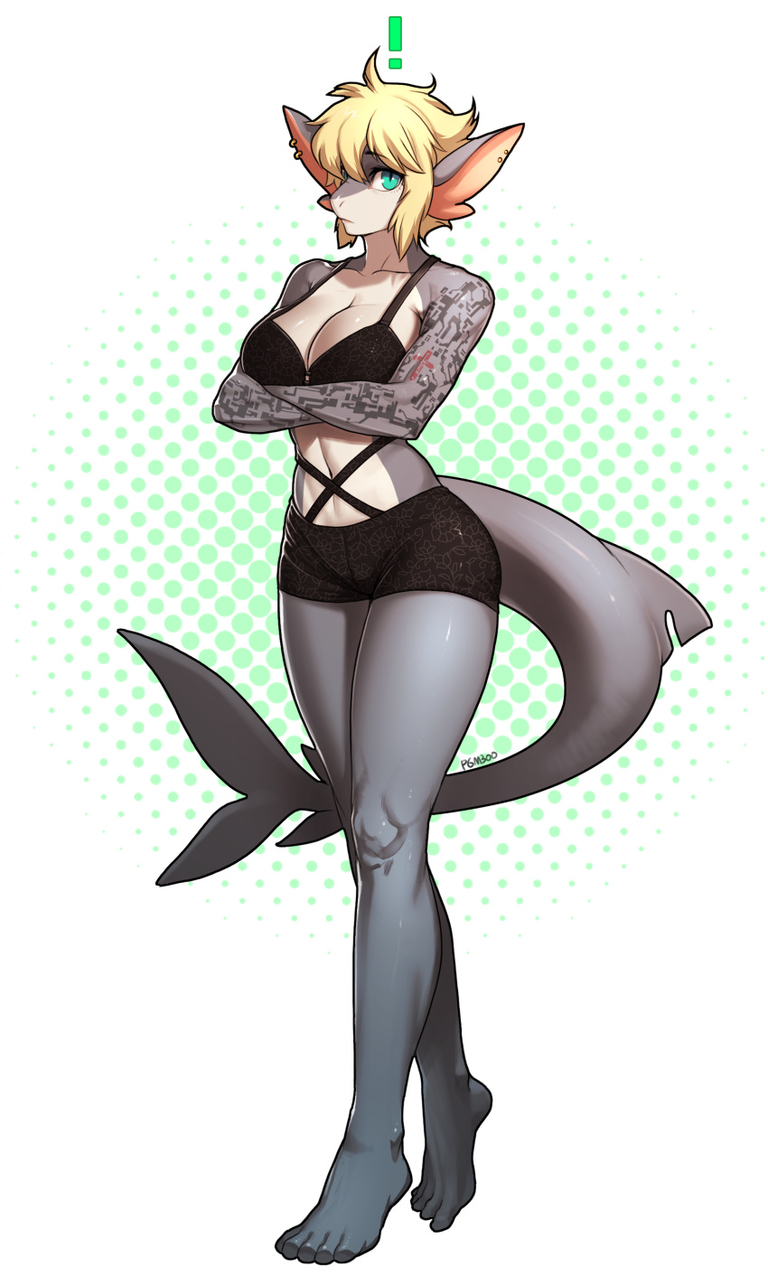 ! 2019 absurd_res anthro blonde_hair breasts clothed clothing digital_media_(artwork) ear_piercing female fish green_eyes hair hi_res lita_lestrald looking_at_viewer marine pgm300 piercing shark simple_background solo underwear