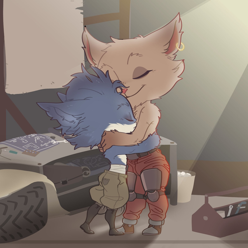1:1 bandage clothed clothing duo earpiece hi_res hug junyois league_of_legends male male/male riot_games romantic_couple rumble topless video_games yordle ziggs_(lol)