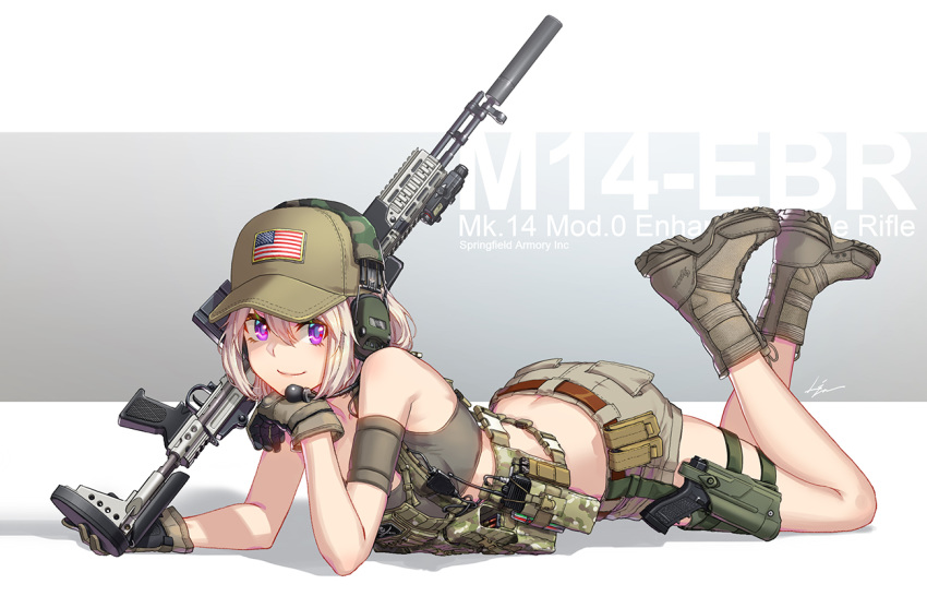 1girl american_flag arm_support artist_name background_text battle_rifle belt boots camouflage combat_boots commentary_request crossdraw_holster glock gloves grey_background gun handgun hat headset holster kws load_bearing_vest looking_at_viewer m14 magazine_(weapon) midriff military military_uniform mk_14_ebr original partial_commentary pistol purple_eyes radio rifle shadow shorts signature silver_hair snap-fit_buckle solo suppressor thigh_holster two-tone_background uniform weapon weapon_name white_background woodland_camouflage