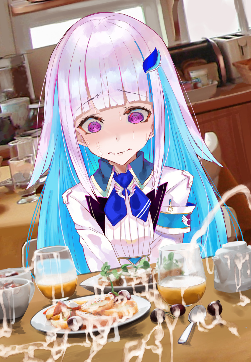 1girl @_@ armband bangs blue_hair blunt_bangs closed_mouth cum cum_on_food cup drinking_glass eyebrows_visible_through_hair food hair_ornament highres indoors lize_helesta long_hair multicolored_hair nijisanji purple_eyes shirt silver_hair solo spoon suushiki two-tone_hair upper_body virtual_youtuber white_shirt