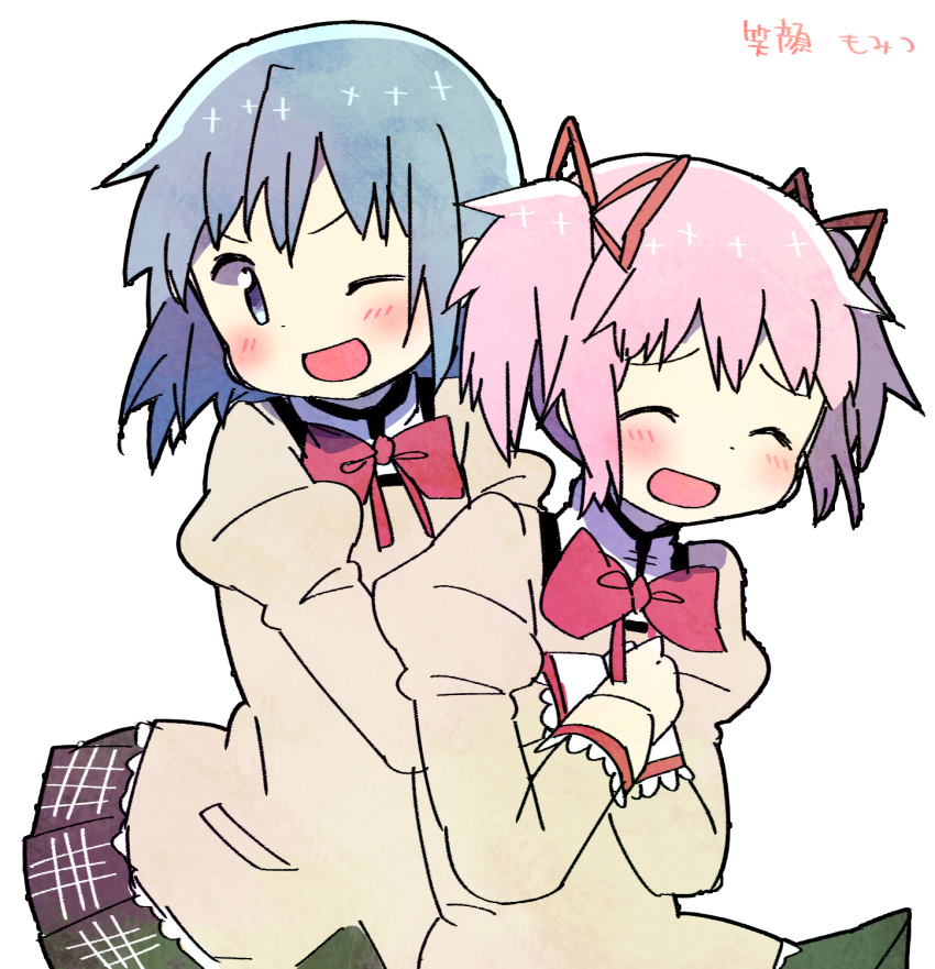 2girls ;d ^_^ black_skirt blue_eyes blue_hair blush closed_eyes dot_nose floating_hair hair_between_eyes hands_on_another's_chest hands_on_own_chest highres hug hug_from_behind juliet_sleeves kaname_madoka kirikuchi_riku long_sleeves looking_at_another mahou_shoujo_madoka_magica miki_sayaka mitakihara_school_uniform multiple_girls neck_ribbon one_eye_closed open_mouth pink_hair plaid plaid_skirt pleated_skirt puffy_sleeves red_ribbon ribbon school_uniform short_hair short_twintails simple_background skirt smile translation_request twintails uniform upper_body v-shaped_eyebrows white_background