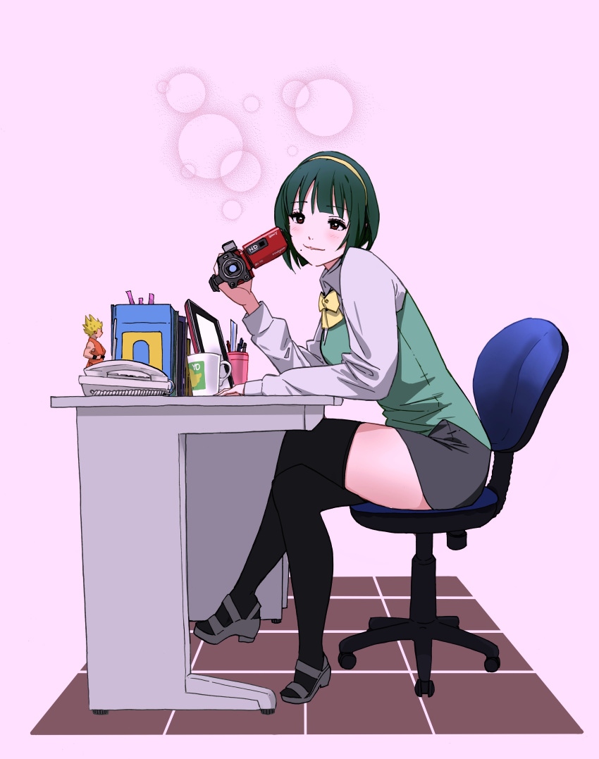 1girl absurdres action_figure camcorder chair computer green_hair hairband highres hone_(honehone083) idolmaster idolmaster_(classic) indoors laptop mole mole_under_mouth monitor office_chair office_lady on_chair otonashi_kotori phone red_eyes short_hair skirt smile solo super_saiyan thighhighs toy