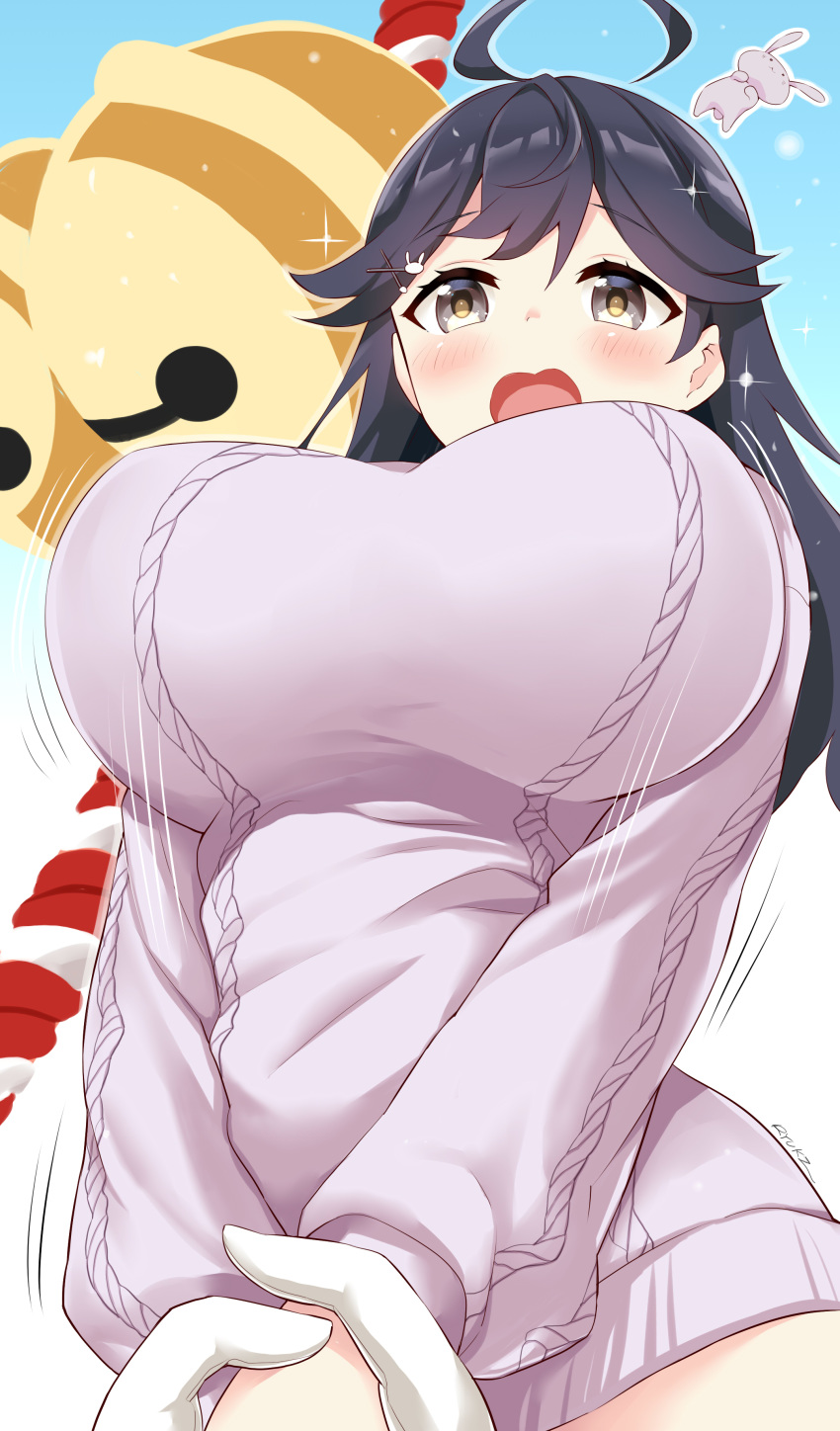 1girl absurdres ahoge alternate_costume black_hair blush brown_eyes commentary_request highres kantai_collection long_hair open_mouth purple_sweater ryuki_(ryukisukune) solo sweater ushio_(kantai_collection)