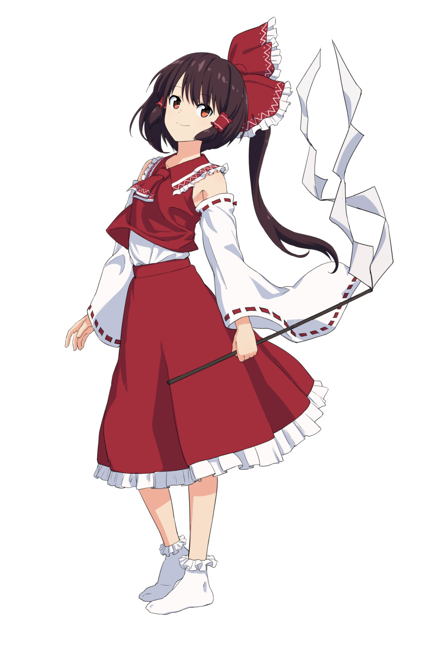 1girl absurdres ascot bow brown_eyes brown_hair detached_sleeves full_body gohei hair_bow hair_tubes hakurei_reimu highres leon_(mikiri_hassha) perfect_cherry_blossom ponytail red_neckwear red_skirt ribbon-trimmed_sleeves ribbon_trim simple_background skirt smile socks solo touhou white_background