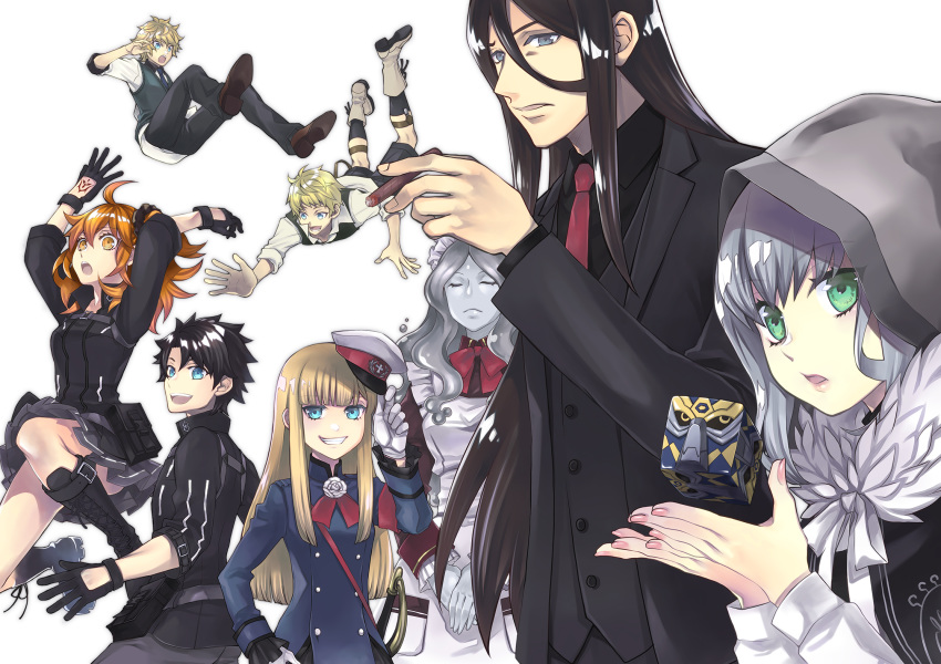 4boys 4girls add_(lord_el-melloi_ii) black_gloves black_hair blonde_hair cape cigarette cloak endou_minari falling fate/grand_order fate_(series) flat_eskardos fujimaru_ritsuka_(female) fujimaru_ritsuka_(male) fur-trimmed_cloak fur_trim gloves gray_(lord_el-melloi_ii) grey_cape grey_skin hat highres holding holding_cigarette long_hair lord_el-melloi_ii lord_el-melloi_ii_case_files maid military_hat multiple_boys multiple_girls reines_el-melloi_archisorte skirt svin_glascheit trimmau vest waistcoat waver_velvet wavy_hair