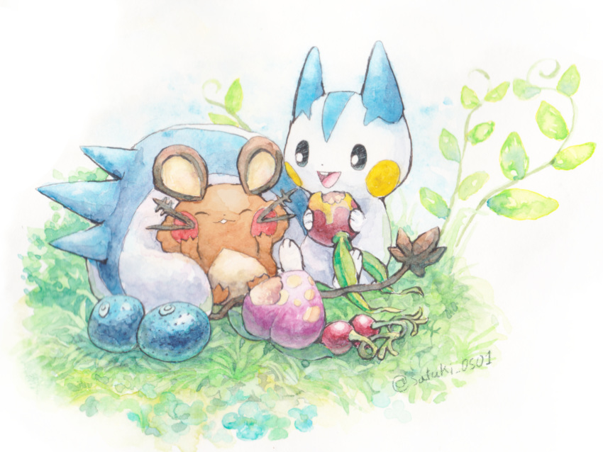 :d ^_^ black_eyes cheri_berry closed_eyes creature dedenne eating food fruit full_body gen_4_pokemon gen_6_pokemon grass happy highres holding holding_food holding_fruit leppa_berry looking_at_another no_humans open_mouth oran_berry pachirisu pecha_berry plant pokemon pokemon_(creature) satsuki_(pixiv44579273) signature sitting smile traditional_media watercolor_(medium)