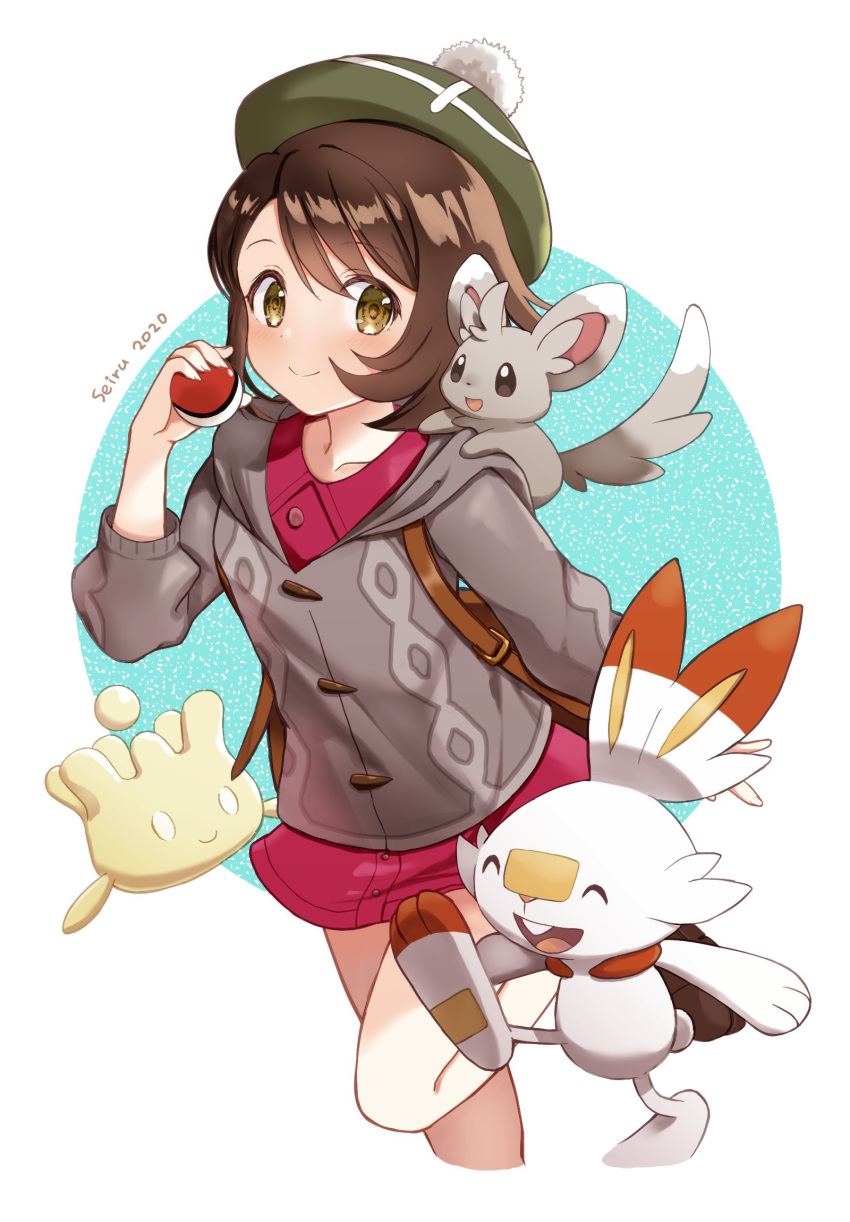 1girl 2020 animal animal_on_shoulder artist_name blue_background brown_eyes brown_hair commentary_request gen_5_pokemon gen_8_pokemon highres hijiri_ruka hood hood_down hooded_sweater looking_at_viewer milcery minccino poke_ball pokemon pokemon_(game) pokemon_swsh scorbunny short_hair smile standing standing_on_one_leg sweater tam_o'_shanter two-tone_background white_background yuuri_(pokemon)