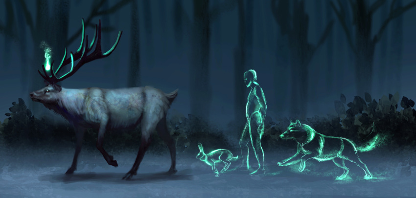 2020 canid canine canis cervid cervine cool_colors detailed_background digital_media_(artwork) elk feral forest fur grass grey_body grey_fur group hi_res hooves human jademerien lagomorph leporid mammal night outside rabbit tree wolf