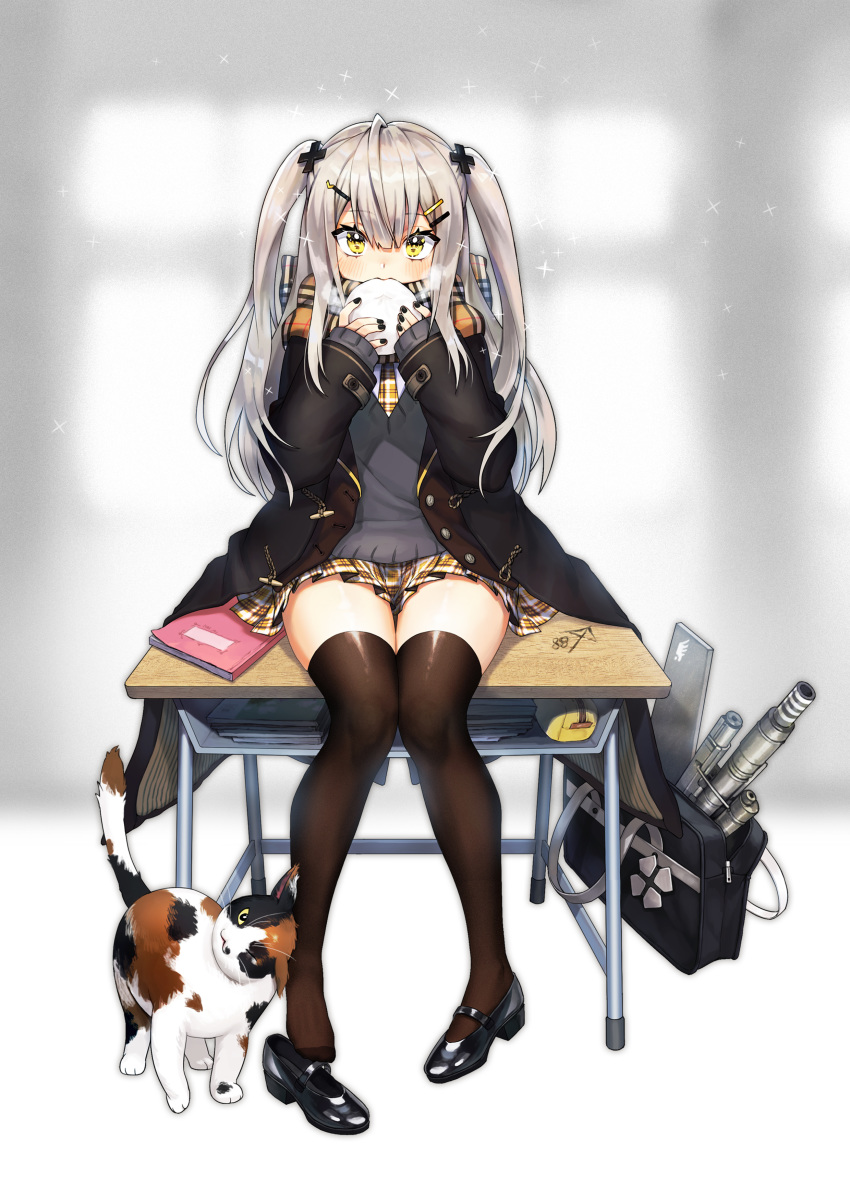 88_flak_(ash_arms) absurdres alternate_costume ash_arms bag baozi black_legwear cat commentary_request eating food full_body hair_ornament highres jacket looking_at_viewer noixen scarf school_bag school_uniform sitting table thighhighs twintails yellow_eyes