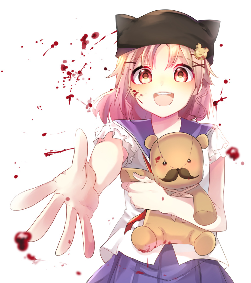 1girl bear_hair_ornament blood bloody_clothes blush facial_hair gakkou_gurashi! hair_ornament hat highres holding mustache open_mouth pink_eyes pink_hair pleated_skirt pok_memo red_ribbon ribbon school_uniform short_hair short_sleeves skirt smile stuffed_animal stuffed_toy takeya_yuki teddy_bear x_hair_ornament