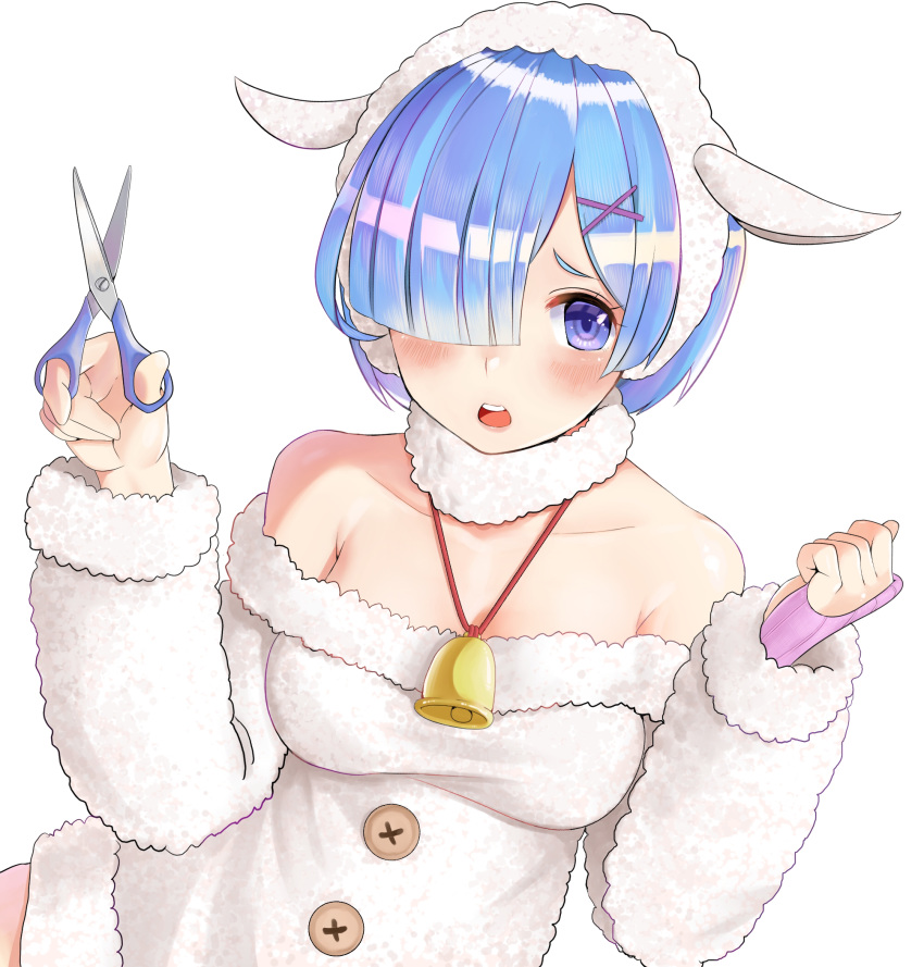 1girl akamahura animal_costume bangs bare_shoulders bell blue_eyes blue_hair blush breasts collarbone commentary_request dress fur_collar fur_trim hair_ornament hair_over_one_eye highres holding holding_scissors long_sleeves looking_at_viewer off-shoulder_dress off_shoulder open_mouth re:zero_kara_hajimeru_isekai_seikatsu rem_(re:zero) scissors sheep_costume sheep_hair_ornament short_hair simple_background solo white_background white_dress x_hair_ornament