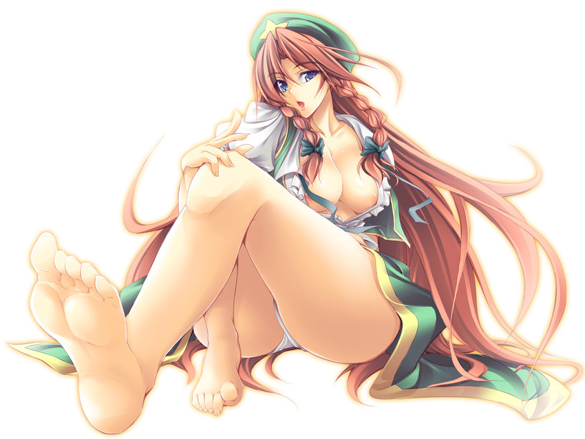 areolae barefoot blue_eyes braid breasts feet foreshortening fuyuwa_kotatsu hat hong_meiling large_breasts legs long_hair long_toenails open_clothes open_mouth open_shirt panties pov_feet red_hair shirt sitting soles solo toenails toes touhou underwear white_panties