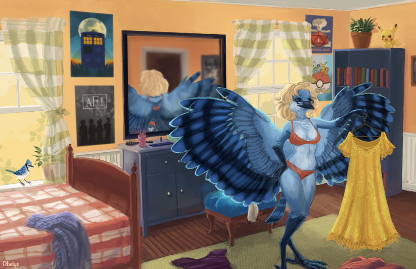 4_toes anisodactyl anthro avian bird blonde_hair blue_body blue_feathers blue_jay breasts claws clothing corvid eyewear feathers female feral glasses hair inside jay_(bird) mirror new_world_jay obelys solo solo_focus spread_wings toes underwear wings