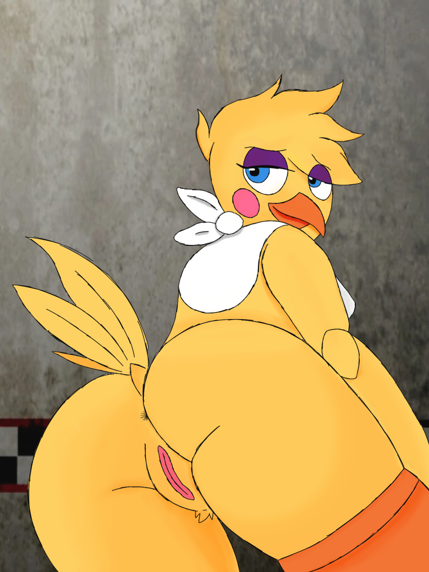 2020 3:4 animatronic avian bird blazetheraccoon butt clothing colordude edit female five_nights_at_freddy's five_nights_at_freddy's_2 genitals hi_res machine notsafeforwank presenting pussy robot smile toy_chica_(fnaf) video_games