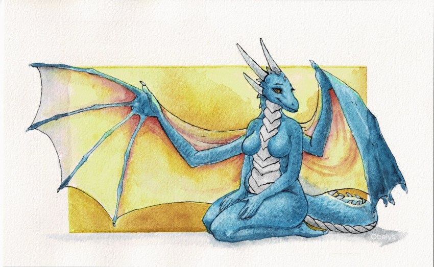 anthro breasts claws dragon eelowyn eyelashes featureless_breasts female horn kneeling looking_at_viewer membrane_(anatomy) membranous_wings nude obelys painting_(artwork) scales sitting slightly_chubby smile solo spread_wings traditional_media_(artwork) watercolor_(artwork) wings